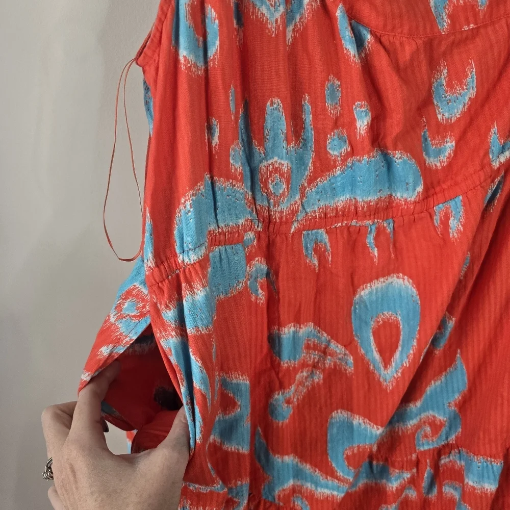 NWT Crown & Ivy One Shoulder Tie Maxi Sundress XL Orange Blue Ikat Print Pockets